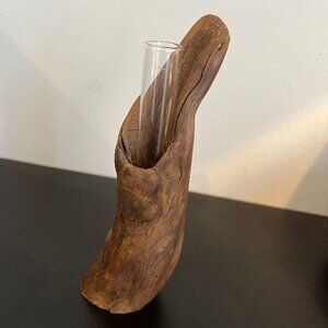 Rare Rustic Vintage Wood Bud Vase with Glass Tube Insert